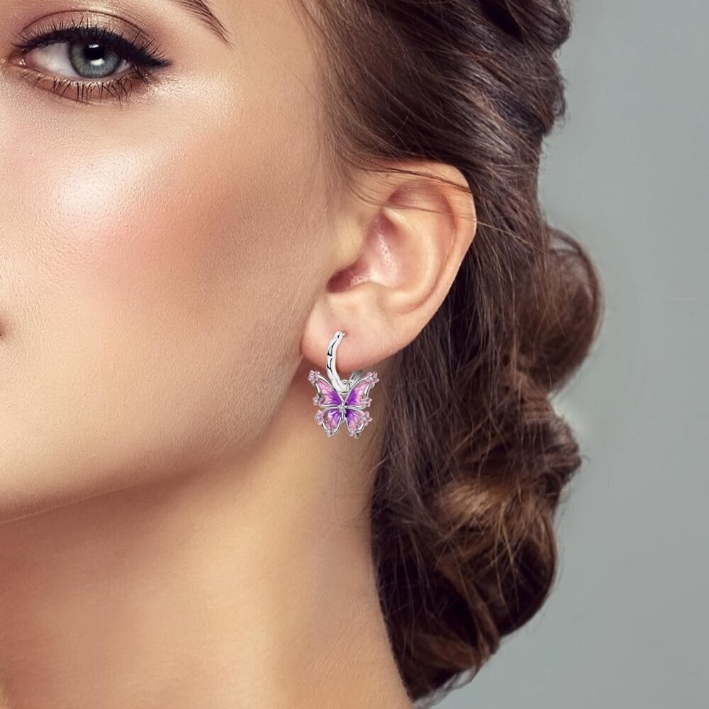 Lightweight Sterling Silver Butterfly Hoop Earrings with Cubic Zirconia Accents - Picture 5 of 7